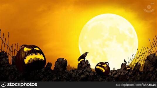 Halloween moonlight orange background and fall season border with creepy jack-o-lantern pumpkin monsters under the moon with 3D illustration elements.