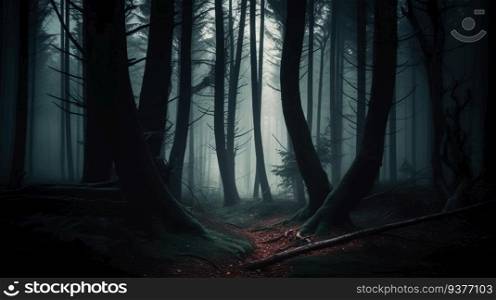 Halloween night horror scary forest, mystical fantasy nature. Header banner mockup with copy space. AI generated.. Halloween night horror scary forest, mystical fantasy nature. AI generated.
