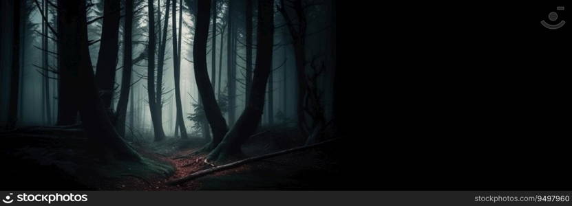 Halloween night horror scary forest, mystical fantasy nature. Header banner mockup with copy space. AI generated.. Halloween night horror scary forest, mystical fantasy nature. AI generated.