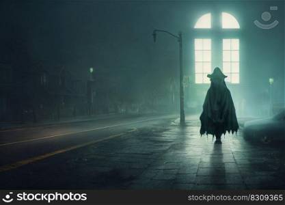 Halloween night street scene with scary ghost. Neural network generated art. Digitally generated image. Copy space. Halloween night street scene with scary ghost. Ai generated art