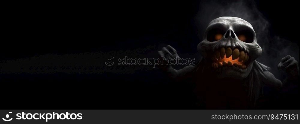 Halloween night terrible scary monster, mystical fantasy creature, dark background. Header banner mockup with copy space. AI generated.. Halloween night terrible scary monster, mystical fantasy creature, dark background. AI generated.