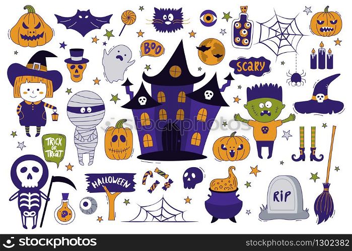 Halloween objects collection. Hand-drawn vector illustration with pumpkins, tombstone, skull, mummy, witch, ghost house, dracula and etc. It can be used for halloween party, posters, greeting cards, fashion design.