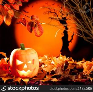 Halloween orange pumpkin lantern with autumn leaves