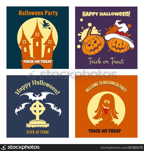 Halloween party flat posters. Halloween party flat posters with witch pumpkins bats. Vector illustration