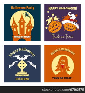 Halloween party flat posters. Halloween party flat posters with witch pumpkins bats. Vector illustration