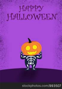 Halloween party for kids. A Children wearing pumpkin head Halloween costumes on a purple background at night