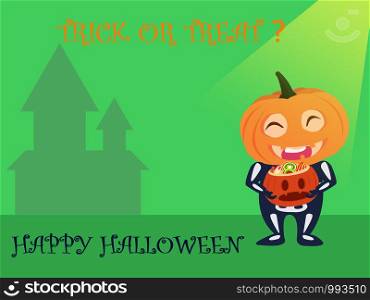 Halloween party for kids. A Children wearing pumpkin head Halloween costumes on a green background at night
