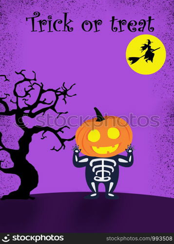 Halloween party for kids. A Children wearing pumpkin head Halloween costumes Under Under the moonlight on a purple background at night