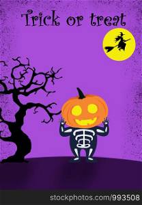 Halloween party for kids. A Children wearing pumpkin head Halloween costumes Under Under the moonlight on a purple background at night