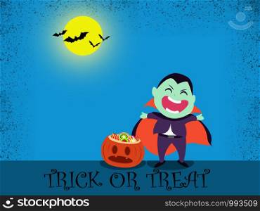 Halloween party for kids. Children wearing dracula Halloween costumes under the moonlight on a blue background at night