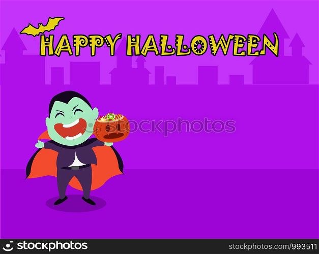 Halloween party for kids. Children wearing dracula Halloween costumes under the moonlight on a purple background at night