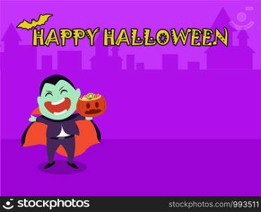 Halloween party for kids. Children wearing dracula Halloween costumes under the moonlight on a purple background at night