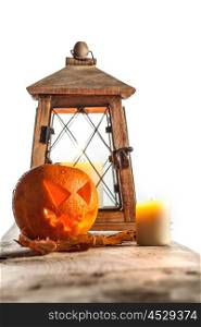 Halloween pumpkin and lantern. Halloween pumpkin and lantern with candle on white background