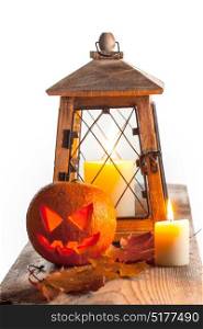 Halloween pumpkin and lantern. Halloween pumpkin and lantern with candle on white background