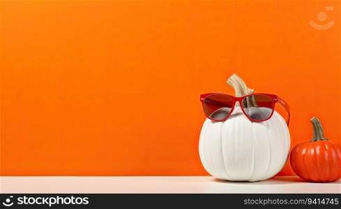 Halloween pumpkin and sunglasses on white table with orange wall background.