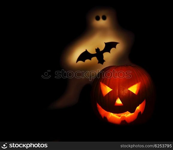 Halloween pumpkin bat and chost isolated on black background