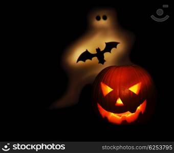 Halloween pumpkin bat and chost isolated on black background