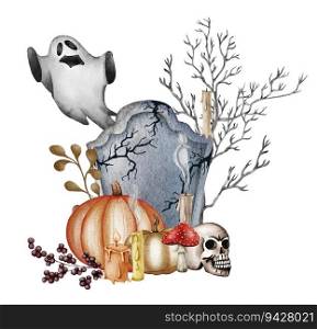 Halloween pumpkin composition. Bat, skull, pumpkin on a tray, magic book, ink, candle hand drawn watercolour illustration.. Halloween pumpkin composition. Bat, skull, pumpkin on a tray, magic book, ink, candle hand drawn watercolour illustration