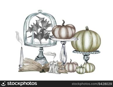 Halloween pumpkin composition. Bat, skull, pumpkin on a tray, magic book, ink, candle hand drawn watercolour illustration.. Halloween pumpkin composition. Bat, skull, pumpkin on a tray, magic book, ink, candle hand drawn watercolour illustration