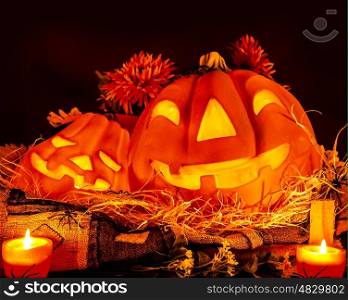 Halloween pumpkin decoration on dark background, traditional autumn scary holiday, bright candle light, dry flowers and terrible spiders