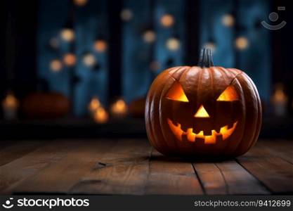 Halloween pumpkin head jack o lantern on wooden table and dark background