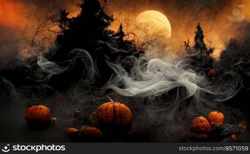 Halloween pumpkin horror and smoke in dark background, creepy and scary concept, digital art design 