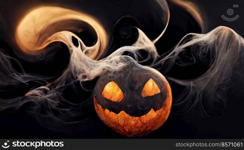 Halloween pumpkin horror and smoke in dark background, creepy and scary concept, digital art design 