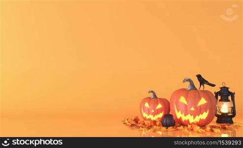 Halloween pumpkin, Jack O Lantern, Halloween decoration background with copy space, 3D rendering