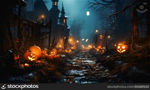 Halloween pumpkin, Jack O Lantern, outdoor decoration for Halloween celebration in haunted village, Generative AI