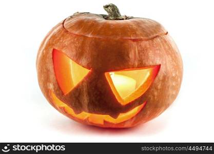 Halloween pumpkin on white. Glowing Halloween pumpkin isolated on white background