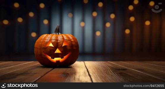 Halloween pumpkin on wooden table with glowing background. 3d rendering