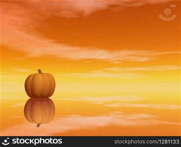 Halloween pumpkin reflection by orange sunset - 3D render. Halloween pumpkin - 3D render