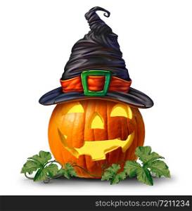 Halloween pumpkin witch wearing a hat as fun autumn season scary character on a white background as a symbol for a traditional holiday decoration with 3D illustration elements.