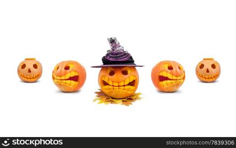 Halloween pumpkin with hat and leaf isolated on white