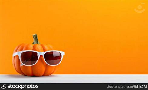 Halloween pumpkin with sunglasses on orange background. 3d illustration.