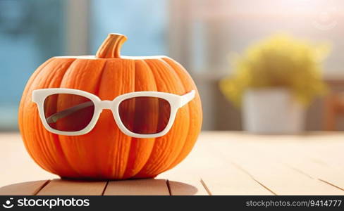 Halloween pumpkin with sunglasses on wooden table, 3D rendering.