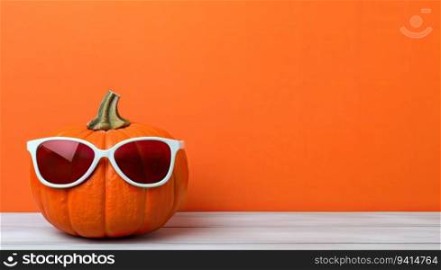 Halloween pumpkin with sunglasses on wooden table and orange wall background.