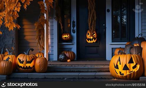 Halloween Pumpkins and Decorations Outside a House  Night View of Spooky Decor. Generative AI.
