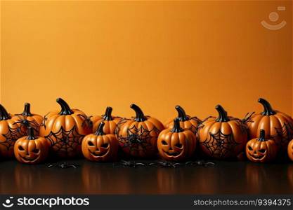 Halloween pumpkins and spiders on orange background. 3d illustration