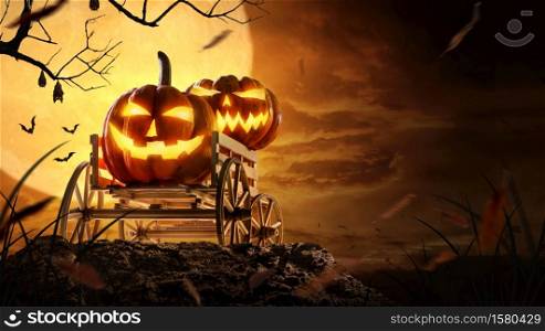 Halloween pumpkins on farm wagon at spooky in night of full moon and bats flying.