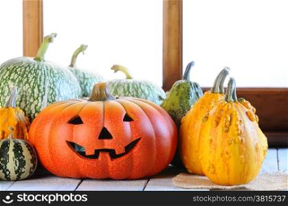 Halloween pumpkins on the table on the farm.&#xA;