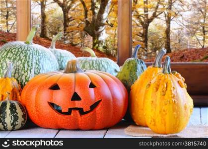 Halloween pumpkins on the table on the farm.&#xA;