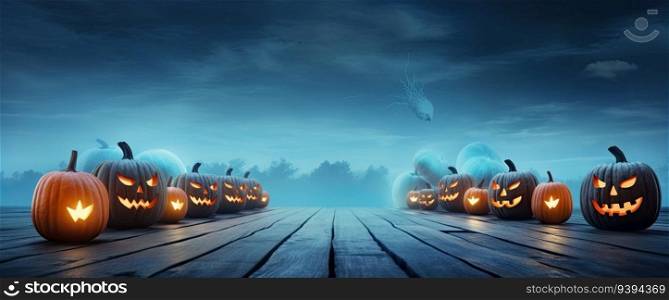 Halloween pumpkins on wooden planks. 3D rendering.