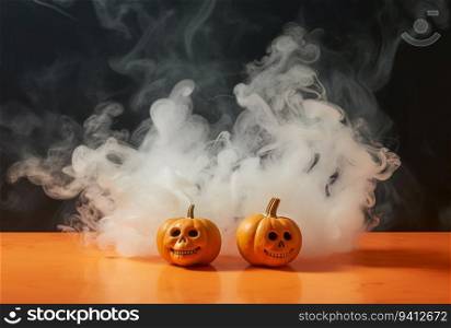 Halloween pumpkins with smoke on black background. Halloween concept.