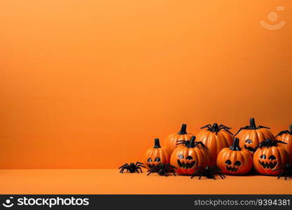 Halloween pumpkins with spiders on orange background, 3d render