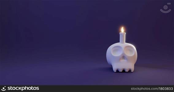 Halloween&rsquo;s day concept. Cute human skull with candle light on purple dark background, celebration Halloween event template minimal style, Autumn holidays, 3D rendering