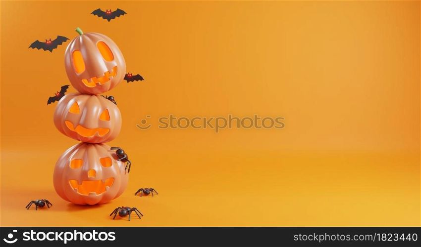 Halloween&rsquo;s day concept. Cute pumpkin ghost, bat and spider, celebration happy Halloween event template minimal style on orange background, 3D rendering