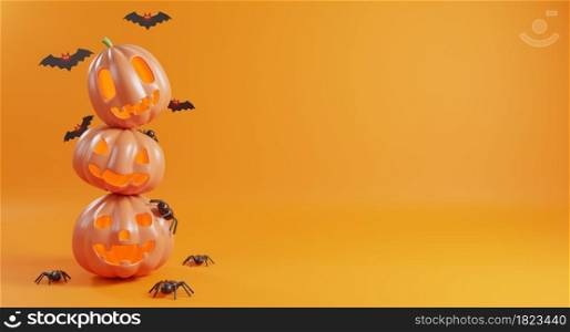 Halloween&rsquo;s day concept. Cute pumpkin ghost, bat and spider, celebration happy Halloween event template minimal style on orange background, 3D rendering