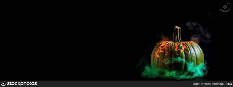 Halloween scary pumpkin in green fire, black background. Header banner mockup with copy space. AI generated.. Halloween scary pumpkin in green fire, black background. AI generated.