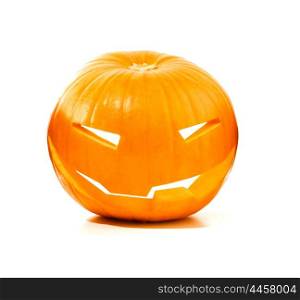 Halloween scary pumpkin isolated over white background, traditional spooky jack-o-lantern, holiday decoration